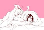  barefoot blanket blush eye_contact heart kuma_(bloodycolor) long_hair looking_at_another multiple_girls pillow ruby_rose rwby smile weiss_schnee yuri 