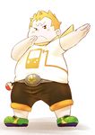  belt blonde_hair brown_eyes chi_tiu fat fat_man full_body highres maamane_(pokemon) male_focus pokemon pokemon_(game) pokemon_sm simple_background solo trial_captain white_background 