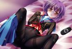  bangs bed bed_sheet black_legwear blue_skirt cameltoe glasses gusset handheld_game_console highres indoors kita_high_school_uniform looking_at_viewer lying midriff nagato_yuki nagato_yuki-chan_no_shoushitsu on_back pantyhose playstation_portable pleated_skirt purple_hair red_ribbon ribbon school_uniform serafuku short_hair skirt skirt_around_one_leg solo suzumiya_haruhi_no_shoushitsu suzumiya_haruhi_no_yuuutsu thighband_pantyhose yellow_eyes zha_yu_bu_dong_hua 