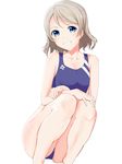  blue_eyes breasts brown_hair competition_swimsuit done_(abc1234567) grin love_live! love_live!_sunshine!! one-piece_swimsuit school_swimsuit short_hair small_breasts smile solo squatting swimsuit watanabe_you 