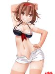  arm_up bare_arms bare_shoulders bikini blush breasts brown_eyes brown_hair cleavage collarbone cowboy_shot dd_(ijigendd) grin hairband hand_on_hip hand_on_own_head kantai_collection looking_at_viewer low_twintails medium_breasts navel numbered red_hairband shiratsuyu_(kantai_collection) short_hair short_shorts shorts simple_background smile solo swimsuit tan tanline twintails white_background white_shorts 