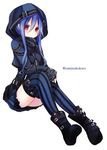  bad_id bad_pixiv_id blue_hair boots effole_(fairy_fencer_f) fairy_fencer_f fingerless_gloves gloves hair_between_eyes hood hooded_jacket hoodie jacket long_hair long_sleeves looking_at_viewer red_eyes sitting skirt sleeves_past_wrists solo striped striped_legwear thigh_strap vertical-striped_legwear vertical_stripes yamine_kuro 