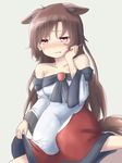  animal_ears bare_shoulders blush breasts brown_hair collarbone commentary_request dadamori dress dress_lift extra_ears fingernails hot imaizumi_kagerou long_fingernails long_hair long_sleeves medium_breasts nose_blush off_shoulder red_eyes solo sweat tail touhou wolf_ears wolf_tail 