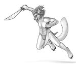  2013 action_pose armpits athletic battle bent_arm bent_leg canine claws clothed clothing cyrrix digital_drawing_(artwork) digital_media_(artwork) feline hair holding_object holding_weapon hybrid jumping leopard loincloth looking_down male mammal melee_weapon monochrome open_mouth partially_clothed pawpads raised_arm shaded shadow sharp_teeth short_hair simple_background sketch smile snow_leopard soft_shading solo sword teeth theowlette tongue topless weapon white_background wolf 