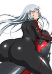 1girl ass back black_suit breasts chouun_shiryuu from_behind huge_ass ikkitousen large_breasts long_hair official_art shiny sitting skin_tight solo suit white_hair wide_hips 