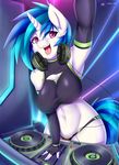  2016 anthro anthrofied armpits blue_hair clothed clothing equine female friendship_is_magic fur hair headphones hi_res horn looking_at_viewer mammal mleonheart multicolored_hair my_little_pony navel open_mouth raised_arm solo two_tone_hair underwear unicorn vinyl_scratch_(mlp) white_fur 