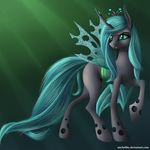  black_skin blue_hair changeling eyelashes fangs female feral friendship_is_magic green_eyes hair hooves insect_wings long_hair michellka my_little_pony queen_chrysalis_(mlp) simple_background smile solo standing wings 
