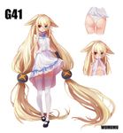  absurdly_long_hair animal_ears artist_name ass black_footwear black_gloves blonde_hair blue_eyes cat_ears character_name character_sheet full_body g41_(girls_frontline) girls_frontline gloves heterochromia highres long_hair looking_at_viewer low-tied_long_hair mary_janes mouth_hold multiple_views panties red_eyes shirt_lift shoes skirt thighhighs twintails underwear very_long_hair white_background white_legwear white_panties white_skirt wumumu 