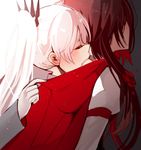  biting closed_eyes clothes_tug flower kuma_(bloodycolor) multiple_girls red_hair rose ruby_rose rwby side_ponytail weiss_schnee white_hair yuri 