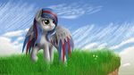  blue_feathers blue_hair day equine eyelashes fan_character feathered_wings feathers female grass grey_feathers hair hooves invalid_color mammal michellka my_little_pony outside pegasus red_feathers red_hair sky smile solo standing wings yellow_eyes 