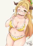  2016 ;) arm_behind_back bangs bare_shoulders bikini blonde_hair blush breasts cleavage collarbone cowboy_shot dated draph eighth_note flower frilled_bikini frills glasses granblue_fantasy green_eyes groin hair_flower hair_intakes hair_ornament high_ponytail himukaze horns large_breasts leaf long_hair looking_at_viewer musical_note navel one_eye_closed plump pointy_ears round_eyewear sarya_(granblue_fantasy) simple_background smile solo swimsuit tareme thigh_gap twitter_username white_background yellow_bikini 
