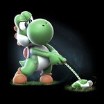  dinosaur full_body golf golf_ball golf_club highres male_focus mario_(series) mario_sports_superstars no_humans official_art serious shoes solo spikes super_mario_bros. yoshi 