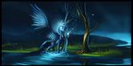  absurd_res auroriia blue_eyes blue_feathers blue_fur cutie_mark equine feathered_wings feathers female feral friendship_is_magic fur hi_res hooves horn mammal my_little_pony night outside princess_luna_(mlp) sky smile solo spread_wings standing superabsurd_res water winged_unicorn wings 