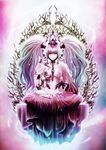  asymmetrical_clothes breasts buddha commentary_request fantasy hair_tubes headdress highres large_breasts lotus_pedestal lotus_position navel nipples original pale_skin pink robe see-through sitting solo symmetry twintails yamada_satoshi 