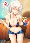  bare_shoulders beach bikini bikini_top black_bikini blue_eyes blush brain_freeze breasts cleavage collarbone commentary_request cowboy_shot day denim denim_shorts eating from_above hair_ornament hair_over_one_eye hairclip hamakaze_(kantai_collection) kantai_collection large_breasts looking_up navel ocean one_eye_closed outdoors sand shaved_ice short_hair shorts silver_hair sitting solo spoon swimsuit tears water yappen 