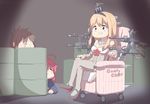  ahoge armchair bangs black_eyes blonde_hair bren_lmg chair commentary crossed_legs dress drum_(container) flower globus_cruciger grey_legwear gun hair_between_eyes hairband hiding high_heels inazuma_(kantai_collection) kantai_collection light_machine_gun long_hair monty_python monty_python's_flying_circus motion_lines multiple_girls o_o plasma-chan_(kantai_collection) red_flower red_ribbon red_rose ribbon rose silver_bell sitting thighhighs uzuki_(kantai_collection) warspite_(kantai_collection) weapon wheelchair white_dress 