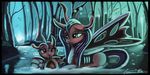  absurd_res auroriia changeling detailed_background duo eyelashes fangs female feral friendship_is_magic green_eyes hi_res hooves horn insect_wings lying my_little_pony night outside queen_chrysalis_(mlp) snow wings 