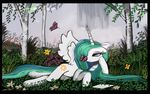  auroriia blue_hair cutie_mark detailed_background equine eyelashes feathered_wings feathers female feral friendship_is_magic grass green_hair hair hooves horn lying mammal my_little_pony princess_celestia_(mlp) purple_eyes solo waterfall winged_unicorn wings 