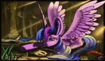  absurd_res auroriia big_ears cutie_mark day detailed_background equine eyelashes feathered_wings feathers female feral forest friendship_is_magic hi_res hooves horn large_horn mammal my_little_pony outside pointed_horn purple_eyes purple_feathers smile solo tree twilight_sparkle_(mlp) winged_unicorn wings 