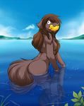  anthro bathing bite breasts brown_fur brown_hair butt canine chest_tuft detailed_background ears_back fur grey_eye hair keidran leaf leaves looking_at_viewer looking_back mammal natani nude outside partially_submerged plant rubber_duck side_boob skinny_dipping solo surprise tom_fischbach tuft twokinds water wet wet_fur wolf 