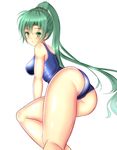  arm_support ass blush eyebrows eyebrows_visible_through_hair fire_emblem fire_emblem:_rekka_no_ken green_eyes green_hair high_ponytail long_hair lyndis_(fire_emblem) noeomi ponytail school_swimsuit simple_background solo swimsuit very_long_hair white_background 