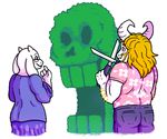  asgore_dreemurr beard blonde_hair boss_monster caprine clothing cutting eyewear facial_hair flower glasses goat hair hedge horn jeans mammal pants papyrus_(undertale) plant scissors toriel translucent undertale video_games yin-meep 