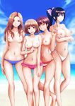  absurdres barefoot beach bikini black_hair breasts brown_hair cloud commentary_request day happy highres long_hair medium_breasts multiple_girls ocean one_eye_closed open_mouth outdoors parted_lips ponytail purple_hair short_hair sky smile standing swimsuit topless yamada_satoshi 