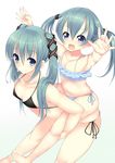  aqua_hair bikini black_bikini breasts carrying flat_chest hatsune_miku highres long_hair looking_at_viewer piggyback small_breasts sukage swimsuit time_paradox twintails very_long_hair vocaloid white_bikini 