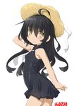  adapted_costume ahoge arm_up bare_arms black_dress black_hair blush dd_(ijigendd) dress eyebrows eyebrows_visible_through_hair from_side hat hat_ribbon kantai_collection long_hair looking_to_the_side mikazuki_(kantai_collection) necktie numbered ribbon smile solo sun_hat sundress white_neckwear white_ribbon yellow_eyes 