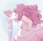  alternate_costume bad_id bad_pixiv_id blush brown_hair chuong dress drill_hair eye_contact forehead_jewel frills gem leotard looking_at_another multiple_girls pale_skin pearl_(steven_universe) pink_hair plump rose_quartz_universe short_hair steven_universe thighhighs yuri 