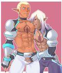  2boys abs blonde_hair licking male_focus multiple_boys muscle naughty_face pecs pointy_ears purple_hair tattoo tokisige topless yaoi 