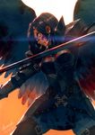  2016 armor armored_dress backlighting black_hair black_wings blood blood_on_face bloody_clothes bloody_weapon bloody_wings breastplate claymore_(sword) cowboy_shot dated ears fantasy fighting_stance kio_naoki lens_flare long_hair original pauldrons profile red_eyes serious signature solo strap sword weapon wings 