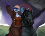  2013 5_fingers ambiguous_gender anthro archeus biped black_eyes black_fur black_lips blue_eyes blue_fur breasts bridle button_(clothing) chest_tuft cleavage clothed clothing corset day digital_media_(artwork) digital_painting_(artwork) duo equine feline female feral flag fur hair horse horse_riding jacket jeans lingerie logo mammal mohawk mountain multicolored_fur orange_hair outside pants quadruped raised_arm saddle shaded simple_background snout soft_shading spots spotted_fur theowlette tiger tiger_stripes tuft two_tone_fur whiskers white_fur white_spots 