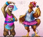  anthro avian bird chicken clothed clothing duo feathers female fur looking_at_viewer male mammal microphone rotarr sloth smile standing 