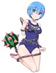  :o adapted_object alternate_costume ball_and_chain bare_legs bare_shoulders blue_eyes blue_hair bound breasts chain covered_navel eyes_visible_through_hair food fruit hair_ornament hair_over_one_eye looking_to_the_side medium_breasts nanashino old_school_swimsuit one-piece_swimsuit re:zero_kara_hajimeru_isekai_seikatsu rem_(re:zero) sandals school_swimsuit short_hair simple_background solo spike_ball swimsuit tied_up watermelon white_background x_hair_ornament 