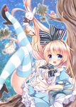  alice_(wonderland) alice_in_wonderland ass blonde_hair blue_eyes blush breasts bunny clock dress hair_ornament hair_ribbon long_hair looking_at_viewer medium_breasts minakami_rinka mushroom open_mouth ribbon shiny shiny_skin shoes smile striped striped_legwear teapot thighhighs tree white_rabbit 