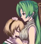  blonde_hair brown_background comforting crying green_hair half_updo hand_on_another's_head higurashi_no_naku_koro_ni houjou_satoko lowres mamepon multiple_girls revision simple_background sonozaki_shion tears 