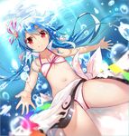 bikini blue_hair bubble closed_mouth efe flat_chest freediving front-tie_bikini front-tie_top hair_ribbon hinanawi_tenshi holding_breath long_hair looking_at_viewer navel outstretched_arms pink_ribbon red_eyes ribbon sarong solo sunlight swimming swimsuit touhou underwater white_bikini 