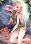  artist_name bare_legs bare_shoulders barefoot basket belt blonde_hair blurry breasts circlet closed_mouth commentary_request day deedlit depth_of_field dress elf food fruit grass green_dress green_eyes holding holding_food holding_fruit leaf long_hair looking_at_viewer meto31 outdoors pointy_ears record_of_lodoss_war rock short_dress sidelocks sleeveless sleeveless_dress small_breasts smile solo tree very_long_hair 
