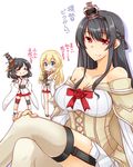  &gt;:) :d =_= alternate_costume alternate_hairstyle bare_shoulders black_hair blue_eyes blush blush_stickers bow braid breasts carrying cleavage collarbone commentary_request corset cosplay costume_switch crossed_legs crown detached_sleeves doyagao dress flower french_braid fusou_(kantai_collection) fusou_(kantai_collection)_(cosplay) garter_straps hair_bow hair_ornament hair_ribbon hairband hands_on_hips kantai_collection kuon_(nokokopopo) large_breasts light_brown_hair long_hair low_ponytail mini_crown multiple_girls nontraditional_miko off-shoulder_dress off_shoulder open_mouth pleated_skirt red_eyes ribbon rose simple_background sitting skirt smile smug thighhighs translated v-shaped_eyebrows warspite_(kantai_collection) warspite_(kantai_collection)_(cosplay) white_background white_legwear yamashiro_(kantai_collection) 