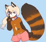 &lt;3_marking 2016 anthro bell bell_collar big_tail blonde_hair blue_background braided_hair brown_fur bulge chibi clothed clothing collar front_view fur girly hair half-body_view lokkun long_hair looking_at_viewer male mammal multicolored_fur one_eye_closed pawpads purple_eyes red_panda simple_background smile solo standing striped_tail stripes topless underwear v_line w00my white_fur wide_hips wink 
