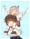  black_legwear blush brown_eyes brown_hair carrying closed_eyes cloud commentary hairband hakama_skirt ina_(1813576) japanese_clothes kaga_(kantai_collection) kantai_collection long_hair long_sleeves multiple_girls plant shoukaku_(kantai_collection) shoulder_carry side_ponytail smile sparkle twitter_username white_hair wide_sleeves younger 