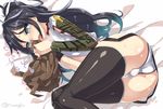  ass asymmetrical_gloves black_hair black_legwear blue_eyes blush breasts fingerless_gloves gloves hair_ribbon heavy_breathing japanese_clothes kantai_collection katsuragi_(kantai_collection) long_hair looking_down lying midriff on_side open_mouth panties pleated_skirt ponytail remodel_(kantai_collection) ribbon shiny shiny_clothes shiny_skin single_sleeve skindentation skirt small_breasts smelling solo tears thighhighs thighs torimaru underwear wavy_mouth white_panties 