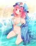  :o alternate_costume armpits beach bikini blue_bikini blush breasts cleavage collarbone commentary_request eyebrows_visible_through_hair fukurahagi_uomaru full_body hat hitodama jacket looking_at_viewer medium_breasts mob_cap navel off_shoulder open_clothes open_jacket outdoors pink_hair pulled_by_self red_eyes saigyouji_yuyuko seiza short_hair sitting solo stomach strap_pull sunlight swimsuit touhou triangular_headpiece water wet 
