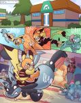  2019 anthro blue_fur breasts butt canid canine charmander chica_(cobat) clothed clothing cobat comic digital_media_(artwork) female fight fur green_skin grin human ivysaur lucario male mammal masochism nintendo nipples nude orange_skin pikachu pikachu_libre pok&eacute;mon pok&eacute;mon_(species) pok&eacute;mon_trainer pussy pussy_juice pussy_juice_drip rodent smile spanking squirtle tail_slap unconscious video_games wrestling yellow_fur 