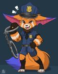  2015 4_fingers 4_toes anthro barefoot belt big_ears blue_background blue_clothing blue_markings claws clothed clothing colored cute digital_drawing_(artwork) digital_media_(artwork) fluffy full-length_portrait fur gloves gnar_(lol) handcuffs hat hi_res league_of_legends light looking_at_viewer mammal markings multicolored_fur necktie open_mouth open_smile orange_eyes orange_fur pink_tongue police police_uniform portrait pose purple_markings shackles shaded shirt signature simple_background smile solo standing tan_fur tan_markings toes tongue uniform video_games white_claws yordle yuniwolfsky 
