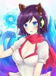  ahri alternate_costume animal_ears arcade_ahri breasts cleavage collarbone fang fox_ears fox_tail furan_(marina6123) headphones highres large_breasts league_of_legends looking_at_viewer mole mole_under_eye multiple_tails open_mouth purple_eyes purple_hair red_scarf scarf short_hair solo tail 