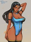  adapted_costume armband black_hair blue_swimsuit breasts brown_eyes cleavage dark_skin dated earrings eyebrows forehead_jewel highleg highleg_swimsuit jewelry large_breasts lips long_hair mina_cream necklace one-piece_swimsuit overwatch solo swimsuit symmetra_(overwatch) thighhighs 