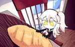  aircraft_carrier_oni bread chair chibi claws commentary food gauntlets kantai_collection long_hair meme one_side_up setz shinkaisei-kan solo table white_hair white_skin yellow_eyes 