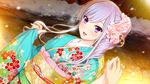  blush floral_print flower gin'iro_haruka hair_flower hair_ornament holding_hands japanese_clothes kimono kisaragi_mizuha koizumi_amane lavender_hair long_sleeves looking_at_viewer obi open_mouth out_of_frame pov pov_hands purple_eyes sash smile snow solo_focus 